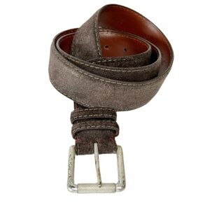 European Suede Leather Belt Brass Silvertone Buckle Sz 38 Brown Tan